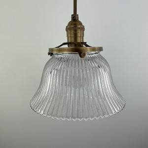 Pair of Art Deco - 7.5&quot; Antique Holophane Style Shades with zipper design - Pendant Lights - Antique Brass Hardware