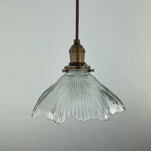 Art Deco Holophane Style Clear Cut glass 8 1/4&quot; Shade now a beautiful Pendant Light with New Antique Brass Hardware