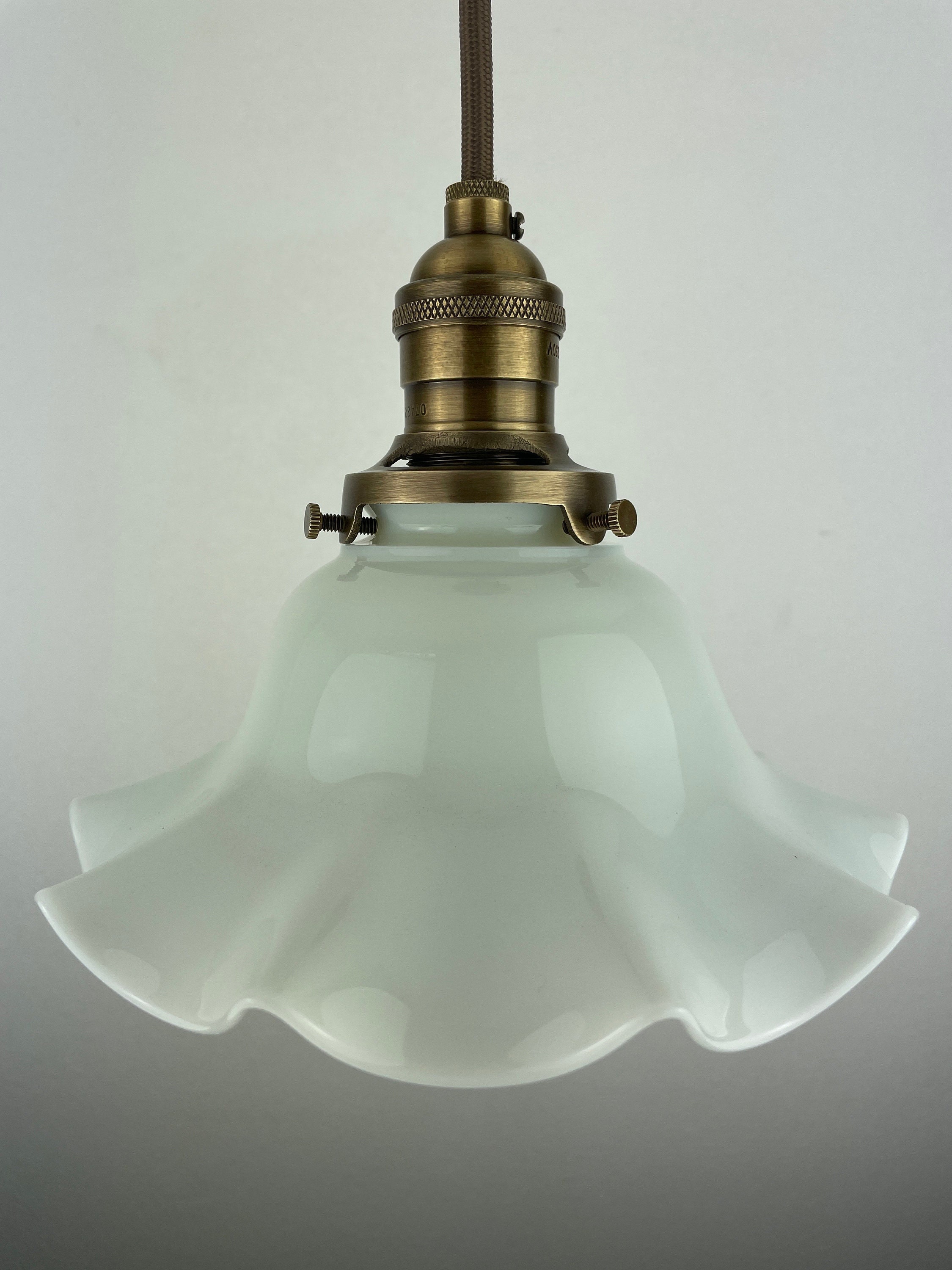 Antique 1920 s Ruffled Petticoat Milk Glass Pendant Light With 7 1