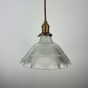 Vintage fluted Holophane Style Clear glass 9 1/4&quot; Shade with ruffled edge w/Antique Brass Hardware