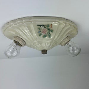 1930s Glazed porcelain 2 Bulb flush-mounted ceiling/wall light fixture with beautiful painted flowers