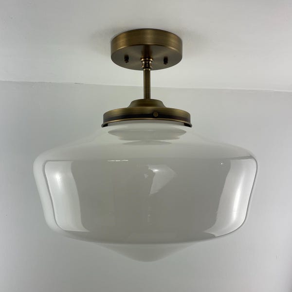 X Large 1950's  schoolhouse Iona College Salvage | Semiflush with new antique brass hardware - 15" Shade