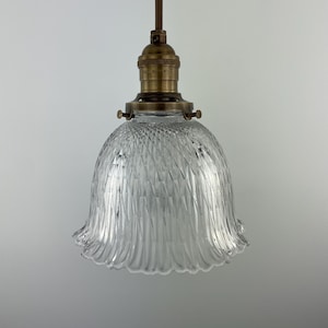 One of kind antique 1900-1908 6 1/2&quot; Jefferson Cut Holophane Glass Shade | Pendant Light with new Antique Brass Hardware