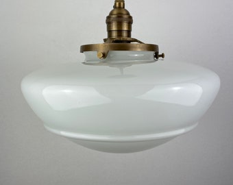 MCM 1950&#39;s 10 1/2&quot; Opaline Schoolhouse Pendant -   w/Antique Brass Hardware