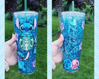 Custom Decal Stitch Starbucks Snowglobe Tumbler | Snow Globe Stitch Cup | Glitter Snowglobe Stitch Cup | Starbucks Snowglobe Tumbler Cup