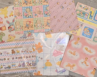 10 pc 1950's-1980's Baby Gift Wrap-Baby Shower-Vintage Ephemera-Scrapbook-Wrapping Paper-Teddy Bear-Cat-Bunny-Duck-Neon-Retro Wrap-Dennison
