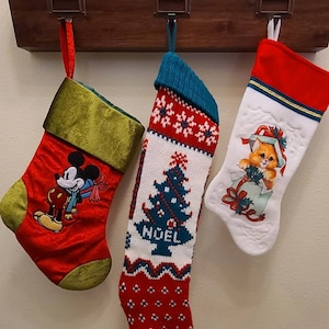 Vintage Christmas Stockings-Santa's Best-Disney-Mickey Mouse-Kitten-Cat-Christmas Decor-Retro Christmas-Holiday Decor-Knit Stockings