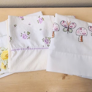 Vintage Pillowcases-Butterfly-Mushroom-Floral-Vintage Bedding-Floral Pillowcase-Retro Bedding-Mid Century Linen-Flower Pillowcase-Standard