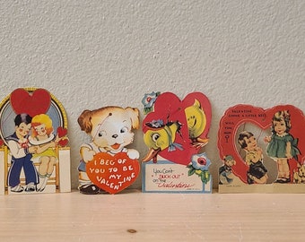 4 Vintage Valentine's Day Cards-Valentine Ephemera-Duck-Puppy-Dog-Scrapbook-Junk Journal-Vintage Card-Valentine Decor