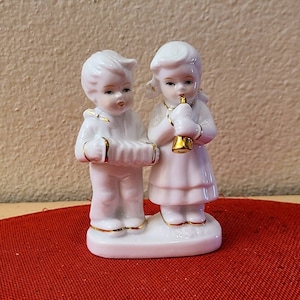 Vintage Musical Girl & Boy Figurine-Napco Style-Vintage Christmas-Accordion-Trumpet-Christmas Decor-Christmas Kitsch-Retro Christmas