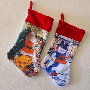 2 Vintage Santa & Snowman Christmas Stockings-Christmas Decor-Vintage Christmas-Santa Stocking-Vintage Stocking-Felt Stocking-Vintage Santa