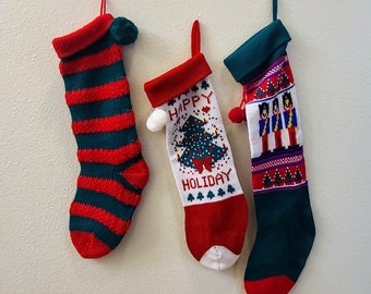 1980&#39;s Knit Christmas Stockings-Toy Soldier-Happy Holiday-Striped-Retro Christmas-Vintage Christmas-Christmas Decor-Vintage Stocking-Holiday