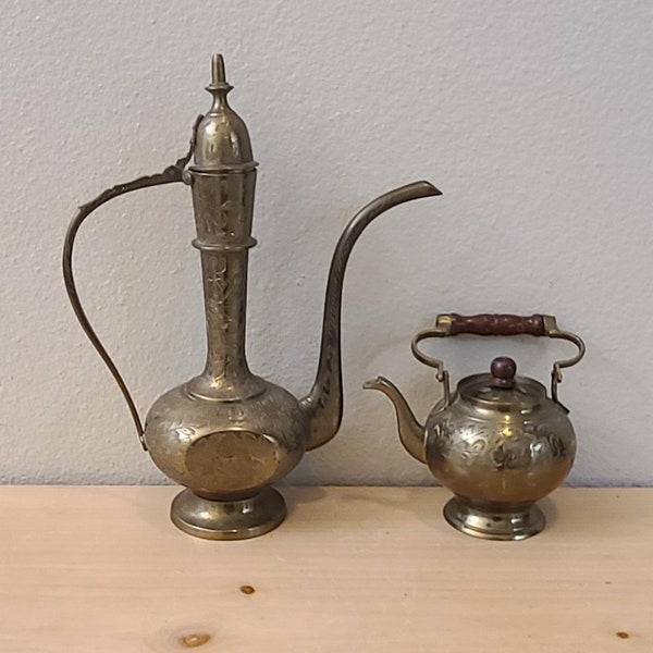 Vintage Brass Genie Bottle & Teapot-Ewer Aftaba-Kettle-Pitcher-Etched-India-Persian Indian-Vintage Pitcher-Vessel-Boho-Middle Eastern