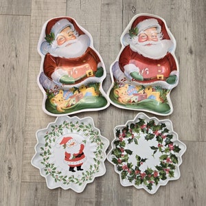 4 pc 1960&#39;s-1980&#39;s Christmas Serving Trays/Bowls-Vintage Christmas-Christmas Decor-Retro Christmas-Holly-Santa-Cookie Tray