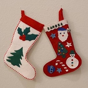 2 Vintage Handmade Christmas Stockings with Extra Supplies-Retro Christmas-Felt Stockings-Kitschy Christmas-Christmas Decor-Santa Stocking