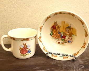 Vintage Royal Doulton Bunnykins Bowl & Mug-Vintage Easter-Bone China-Children's Dinnerware-Bunny Decor-Rabbit-Nursery Decor-Easter