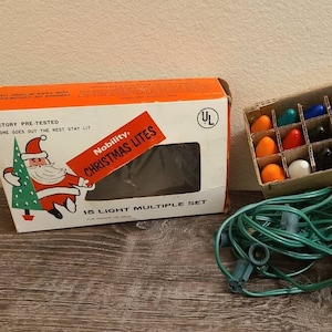 1960&#39;s Nobility Christmas Lites C7 String Light Set-Vintage Christmas-Diorama-Christmas Decor-Christmas Scene-Christmas Kitsch-Ephemera