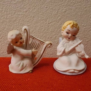 2pc Vintage Ceramic Angel Figurines-Vintage Christmas-Christmas Decor-Angel Decor-MCM Christmas-Vintage Angel-Violin-Harp-Christmas Figurine
