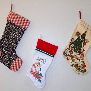 1980&#39;s Vintage Christmas Stockings-Christmas Decor-Retro Stockings-Cat Stocking-Handmade Quilted Stocking-Vintage Christmas Stockings