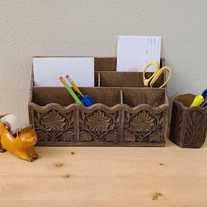 Vintage 1970&#39;s MCM Desk Caddy & Pen Holder-Faux Wood-Desk Organizer-Office Supplies-Letter Holder-Desk Supplies-Home Office-Mid Century