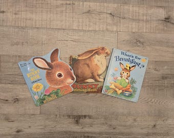 Vintage Children's Easter Books-Coloring-Book-Nursery-Baby Gift-Baby Shower-What's for Breakfast-Bunny Book-Richard Scary-Golden Shape Book