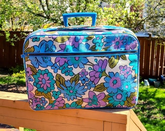 1960's Flower Travel Suitcase-Luggage-Mod-Flowers-MCM-Vintage Suitcase-Overnight Bag-Hippie-Vintage Luggage-Canvas-Retro