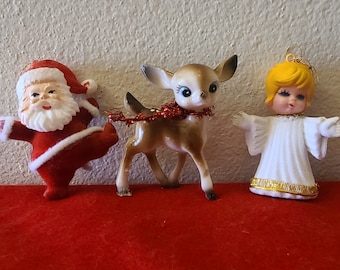 1960's 3pc Christmas Ornaments-Flocked-MCM Christmas-Vintage Christmas-Reindeer-Angel-Santa-Christmas Kitsch-Mid Century Modern Christmas