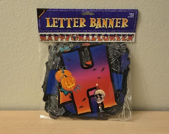 NOS Vintage 7ft Amscan Happy Halloween Garland Banner-Vintage Halloween Decor-Wall Decor-Halloween Ephemera-Pumpkin-Spider-Halloween Party
