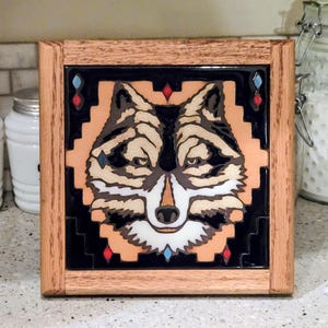 Vintage Clay Masterworks Wolf Dog Ceramic Tile & Wood Trivet Wall Decor or Stand Up-Southwestern-Vintage Kitchen-Wall Decor-Pot Holder