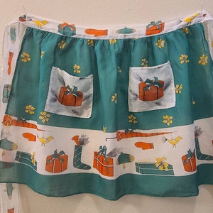 1950&#39;s Vintage Christmas Present Half Apron-Handmade-Pinafore-Ornaments-Vintage Kitchen-Retro Christmas-Mid Century Christmas-Sheer Apron