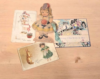 Tarjetas de Pascua antiguas de 4 piezas, de 1910 a 1930, efímeras, verticales, postales, conejitos, álbumes de recortes, diarios basura, tarjetas vintage, Pascua, estilo victoriano y shabby chic.