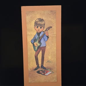 1960's Big Eye Boy "Groovy Guitarist" by Lee Wall Decor-Mid Century Modern-Mod Art-Eden Style-Keane Style-Moppet-Music Decor