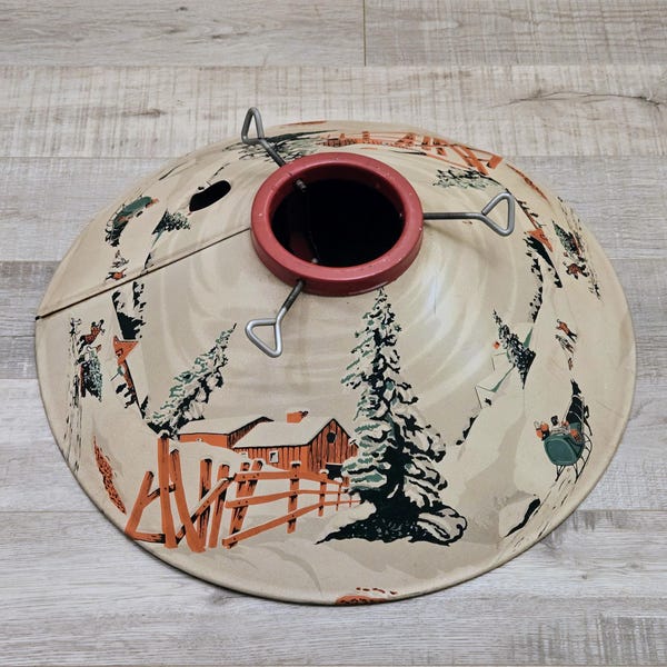 SAVED FOR KIMBERLY 1950's Poloron Coloramic 20" Winter Scene Tin Litho Tree Stand-Tree Skirt-Mid Century Modern-Christmas Decor