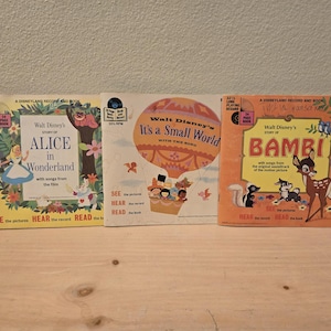 Vintage Alice in Wonderland, Bambi & It&#39;s A Small World Disney Book and 33 1/3 Records-Vintage Disney-Vintage Record-Vintage Book-Nursery