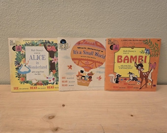 Vintage Alice in Wonderland, Bambi & It's A Small World Disney Book and 33 1/3 Records-Vintage Disney-Vintage Record-Vintage Book-Nursery