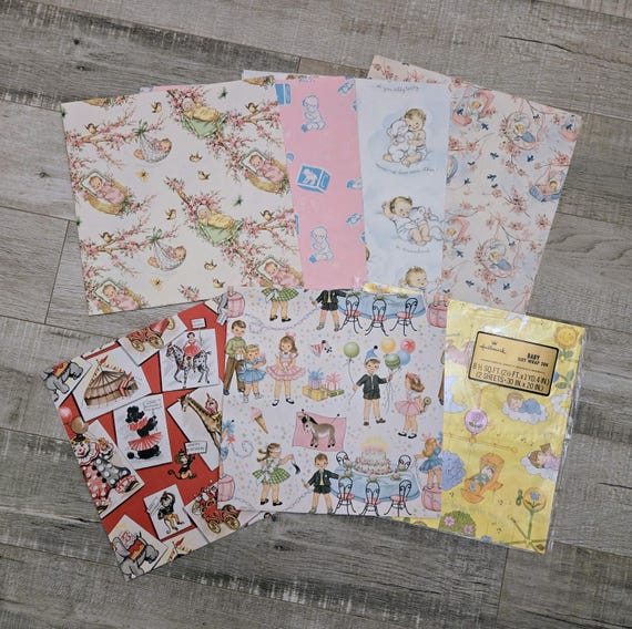 10 pc 1950's Flat Baby Gift Wrap-Baby Shower-Vintage Ephemera-Scrapbook-Wrapping Paper-Teddy Bear-Clowns-Toys-Birthday-Hallmark-Junk Journal
