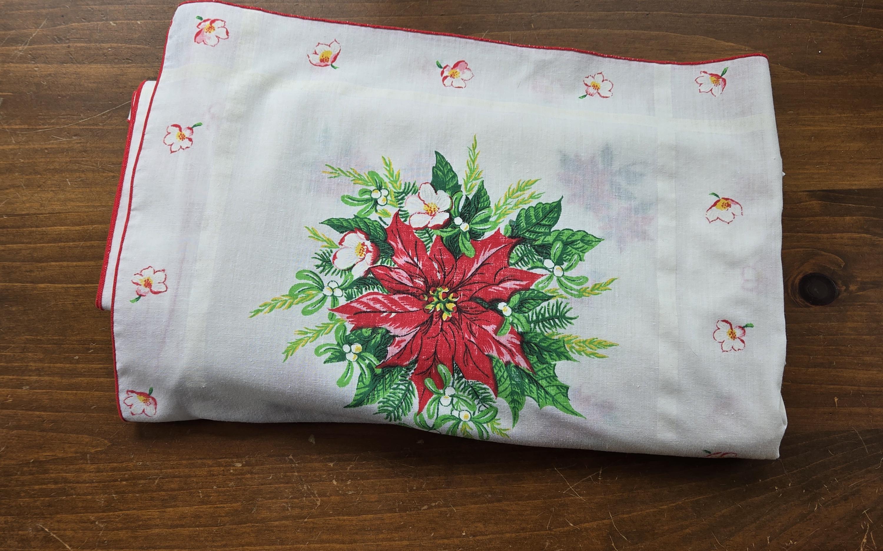 Vintage Poinsettia Christmas Tablecloth-76 1/2" x 72"-Mid Century-Retro Christmas-Linen-Farmhouse-Christmas Table-Shabby Chic