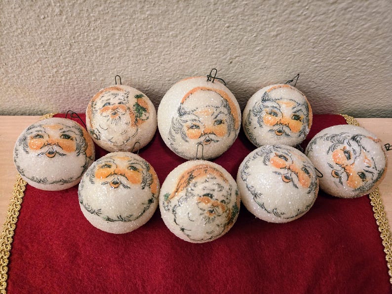 8 RARE Glitter Frosted Santa Ball Christmas Styrofoam Ornamentsvintage
