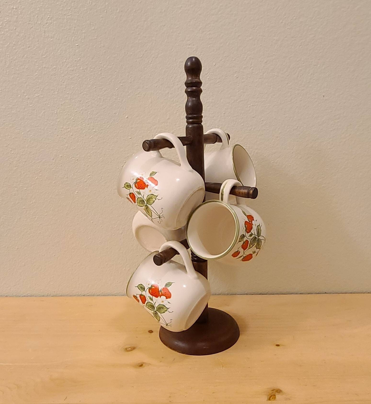 5 Vintage Strawberry Stoneware Mugs & Wooden Mug Tree-Stoneware-Coffe Mug-Tea Mug-Strawberries-Country Kitchen-Farmhouse-Mug Holder