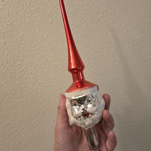 RARE Vintage 11&quot; Mercury Glass Red Spire Santa Head Tree Topper Ornament-Vintage Ornament-Christmas Decor-Mid Century-Mica-Christmas Decor