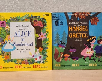 Vintage Alice in Wonderland & Hansel and Gretel Disney Book and 33 1/3 Records-Vintage Disney-Vintage Record-Vinyl-Vintage Book-Nursery