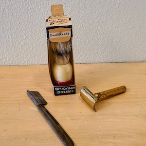 3 pc Vintage Shaving Products-NOS Ever Ready Shaving Brush-Gillette Safety Razor-Straight Razor-Vintage Barber-Shaving Supplies-Vintage Bath