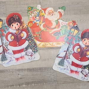 3 pc Vintage Christmas Cut Out Die Cuts-Santa-Caroler-Vintage Christmas-Christmas Decor-Christmas Wall Decor-Christmas Ephemera-Carrington