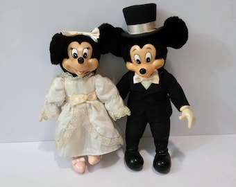 Vintage 1980's Disney Bride & Groom Mickey Mouse and Minnie Mouse Wedding Stuffed Plush Dolls