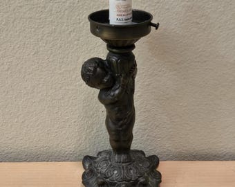 Antique Cast Metal Cherub Accent Lamp Tabletop Shabby Chic Victorian Hollywood Regency Boudoir Table Light