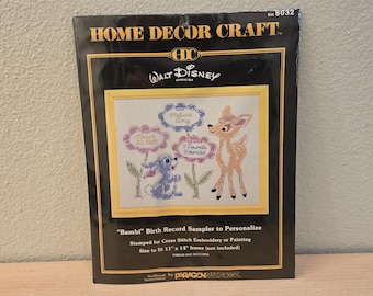 Vintage Disney's Bambi & Thumper Birth Record Embroidery Sampler Kit-Nursery Decor-Baby Shower Gift-Cross Stitch-Paragon-Needlepoint