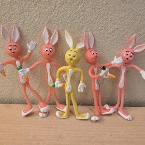 5pc Easter Bunny Rubber 6&quot; Poseable Bendable Toys-Neon-Easter Decor-Vintage Easter-Easter Toy-Rabbit-Easter Basket-Retro Toy