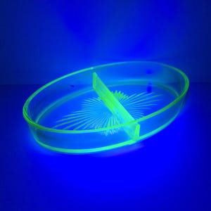 May include: A divided, oval-shaped glass serving dish with a bright neon green glow. The dish is divided into two sections by a vertical divider. The base features a starburst design. The background is a deep blue.