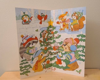 1980's 24" Advent Countdown Calendar-Vintage Christmas-Christmas Ephemera-Retro Christmas-Christmas Decor-Racoon-Bear-Mouse-Birds-Bunny