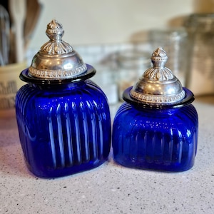 Vintage 2pc Artland Cobalt Blue Glass Jar Canisters-Vintage Kitchen-Kitchen Storage-Farmhouse-Country-Cookie Jar-Food Storage-Apothecary